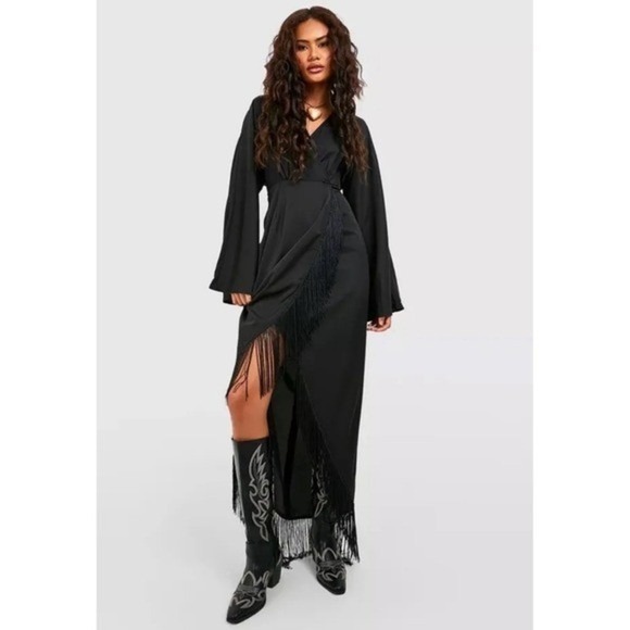 Boohoo Black Satin Long Sleeve Fringe Wrap Maxi Dress UK 14 US 10 - Picture 9 of 12